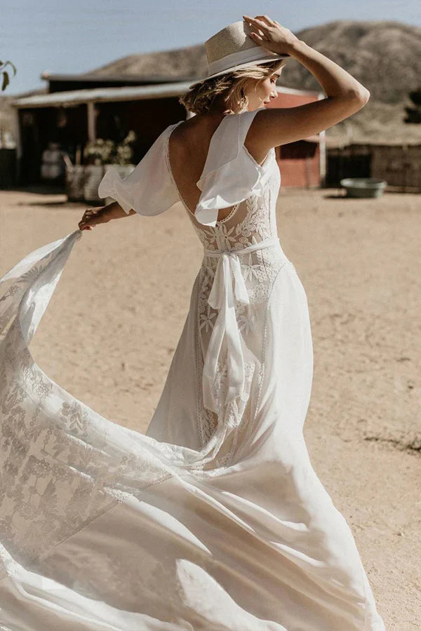 V Neckline Backless Lace Chiffon Bohemian Wedding Dress